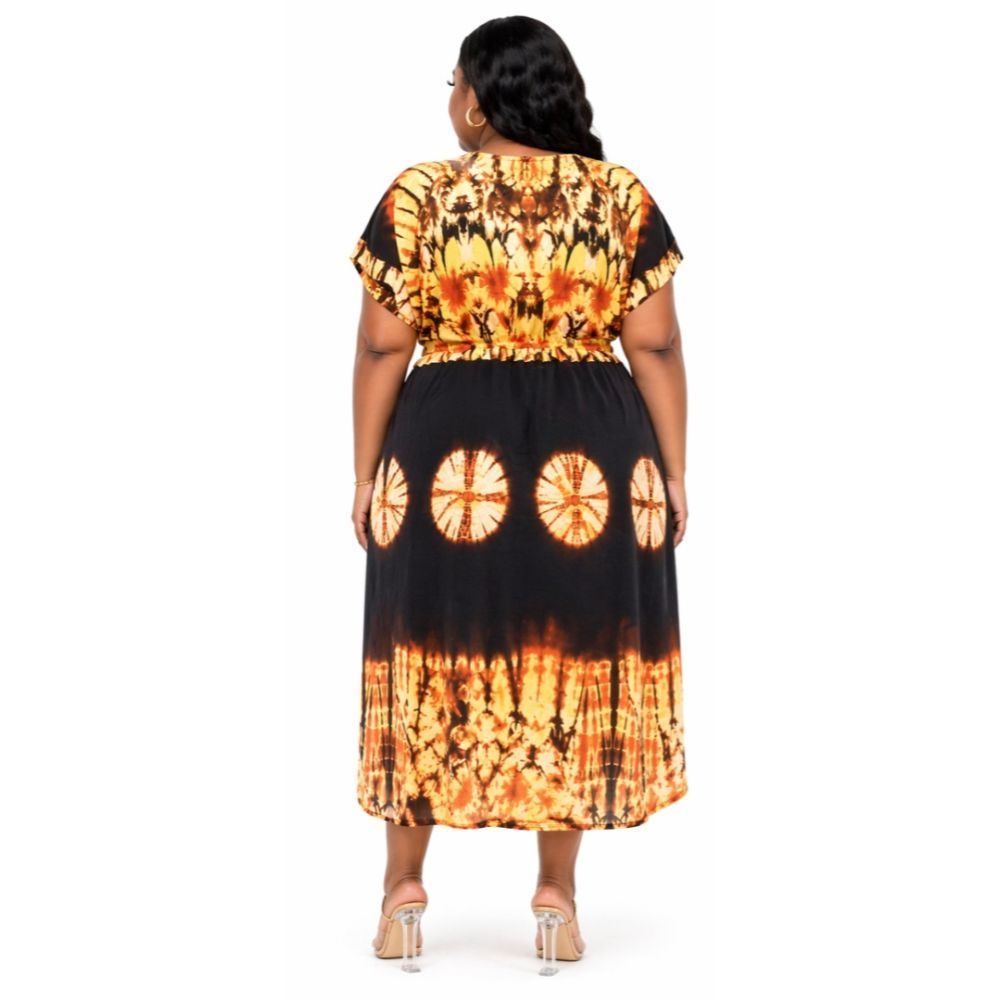 Womens Brown and Black Tie Dye Midi  Dress with  Drawstring Waist